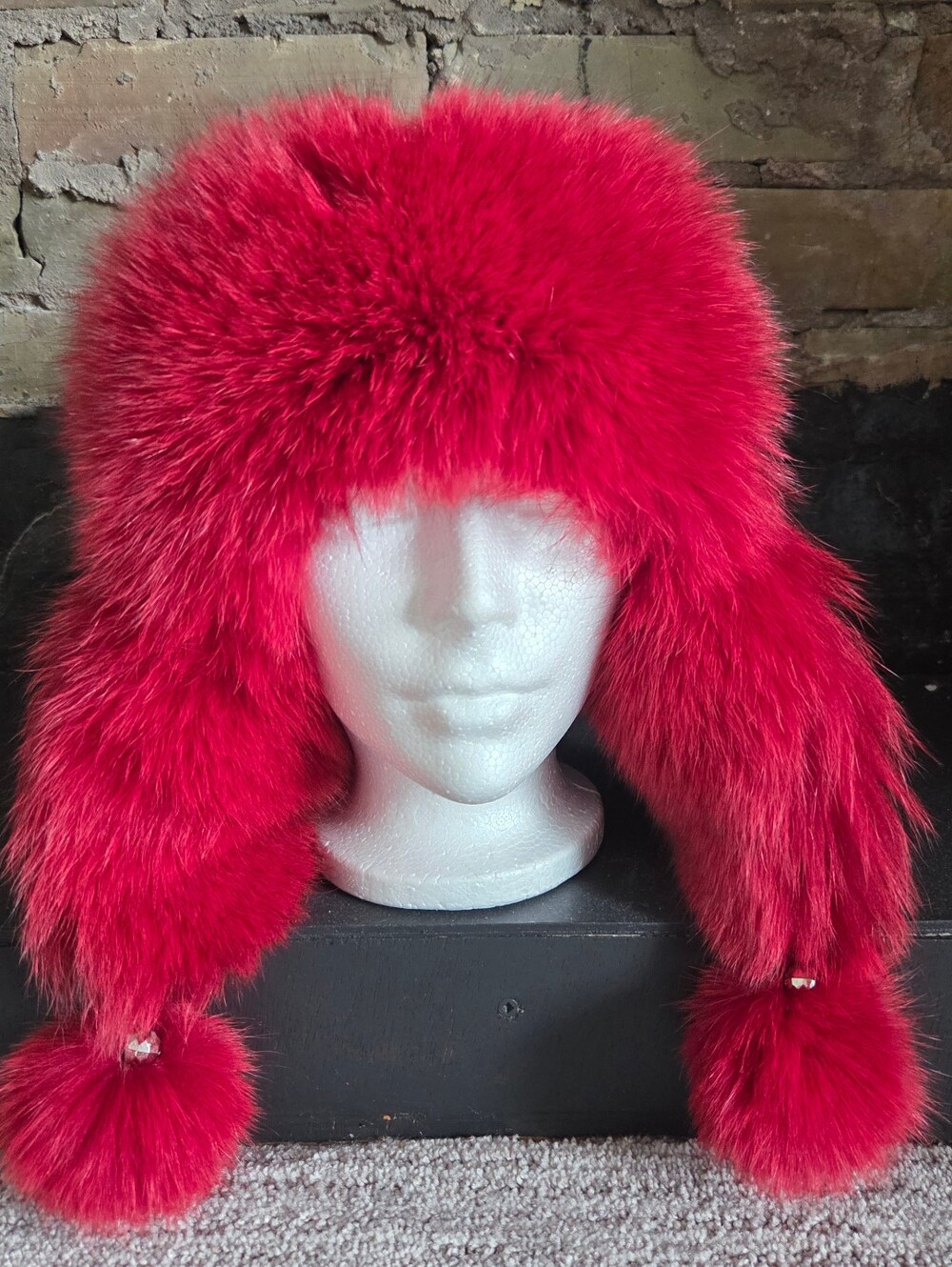 Red Fox Fur & Leather Trapper Hat Winter Accessory